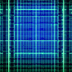 Close-up of a green screen with a pattern of blue squares