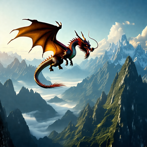 Dragon flying through the sky, with its wings spread wide