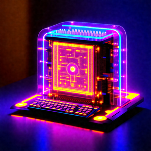 Futuristic computer with a purple glow, sitting on a table