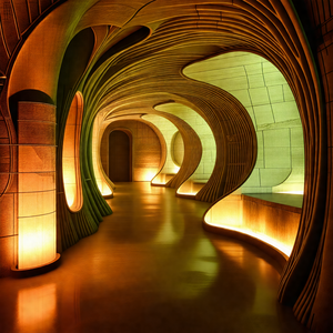 Long, narrow hallway with a brightly lit atmosphere