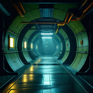 Large, dark tunnel with a train running through it