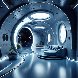 Futuristic space station with a large circular window in ...