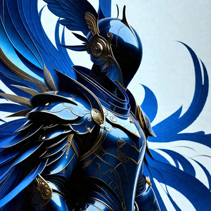 Blue knight in a suit of armor, standing in front of a bl...