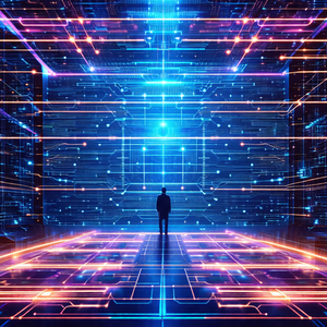 Man standing in a futuristic, blue-lit room