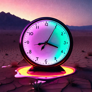 Large, colorful clock sitting on a dirt ground