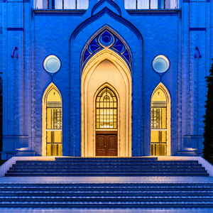 Large, ornate building with a blue and white color scheme