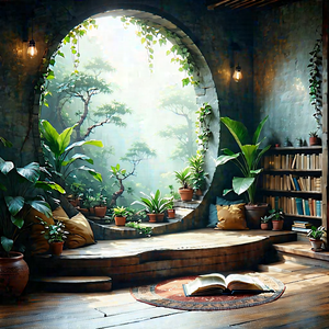 Lifestyle Etching: Reading Nook With Plants And Natural Elements With Image, There
