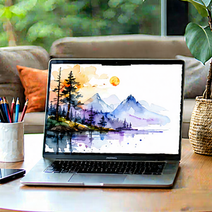 Tech Watercolor Painting: Laptop with streaming content