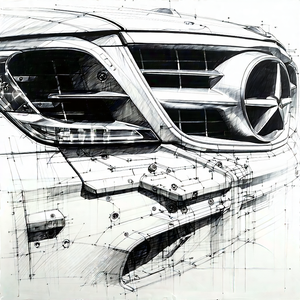 Tech Charcoal Drawing: Automotive Technology In Modern Laboratory With Drawing Car's