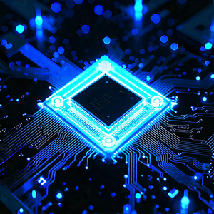 Tech Aerial Photography: Microchip with blue light glow