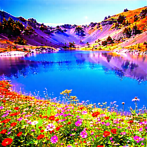 Nature Landscape Photography: Crystal Clear Lake Surrounded By Wildflowers With Beautiful Lake