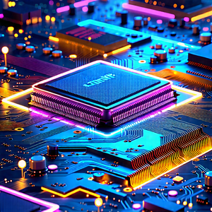 Tech Low Poly: Circuit board with neon accents
