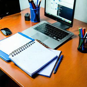 Business Professional Photography: Workplace With Notebooks And Pens On Desk With Laptop Computer