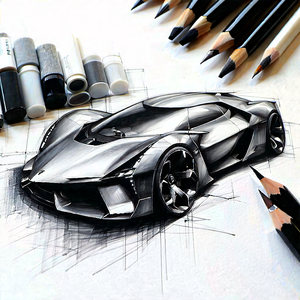 Tech Charcoal Drawing: Automotive Technology In Design Studio With Drawing Futuristic
