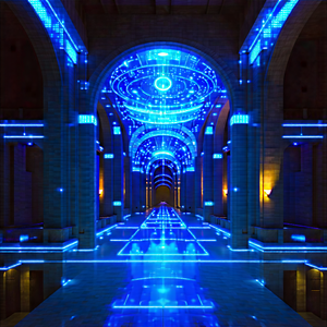 Tech Architectural Photography: Robot With Blue Light Glow With Large, Blue-lit