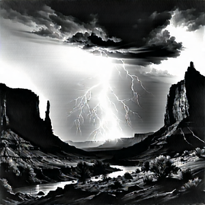 Nature Charcoal Drawing: Lightning Over Canyon Floor With Beautiful Landscape