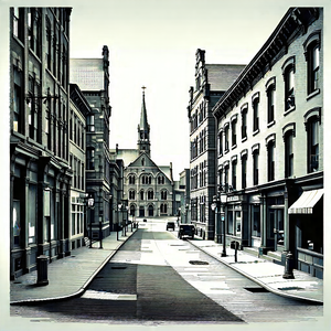 Urban Linocut Print: Urban Street With Historic Buildings With Black White