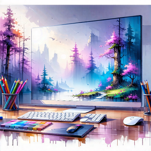 Tech Pastel Drawing: Entertainment Technology In Tech Office With Computer Monitor