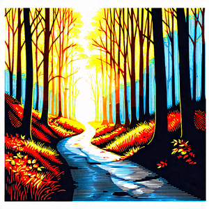 Nature Linocut Print: Path Through Autumn Woodland With Colorful Painting