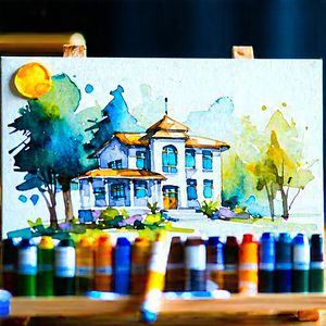 Tech Watercolor Painting: Educational Technology In Research Center With Painting House
