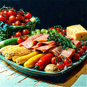 Lifestyle Lithograph: Farm-to-table meal prepared with vibrant colors