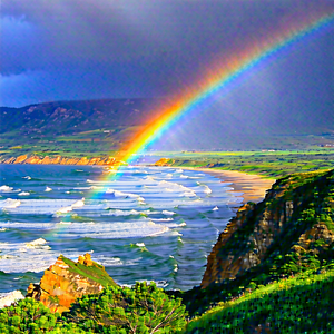 Nature Matte Painting: Rainbow Over Coastline With Beautiful Rainbow