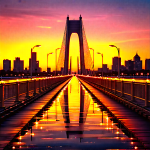 Urban Low Poly: Iconic Bridge With Sunset Glow With Long Bridge