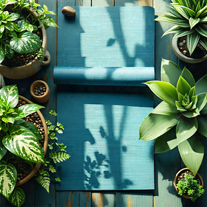 Lifestyle Aerial Photography: Wellness Scene With Yoga Mat And Plants With Wooden Table