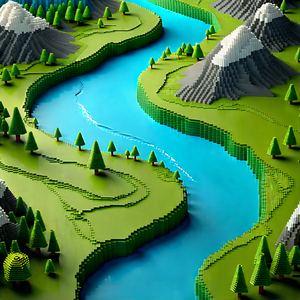 Nature Voxel Art: Aerial view of winding river