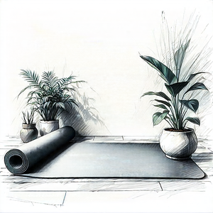 Lifestyle Charcoal Drawing: Wellness Scene With Yoga Mat And Plants With Image, There