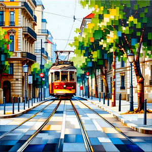Urban Gouache Painting: City tram in quiet side street