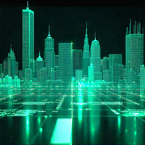 Tech Long Exposure Photography: Financial Technology In Design Studio With Futuristic Cityscape