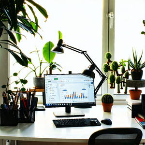Lifestyle Product Photography: Home Office With Plants And Natural Elements With Desk Computer