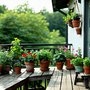 Lifestyle Macro Photography: Balcony Garden With Organized Space With Wooden Deck