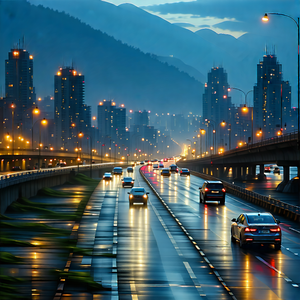Urban Macro Photography: Cityscape of coastal city during rush hour