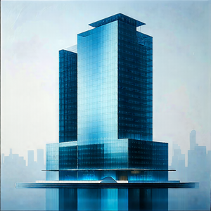 Urban Gouache Painting: Glass Office Tower With Minimalist Design With Large, Blue