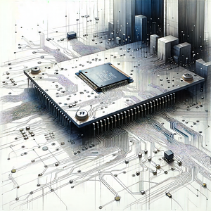 Tech Pencil Sketch: Circuit board with data streams