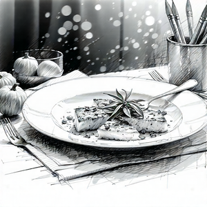 Lifestyle Pencil Sketch: Farm-to-table Meal Prepared With Organic Components With White Plate