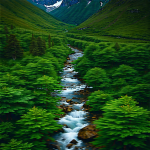 Nature Aerial Photography: Mountain Stream Surrounded By Lush Vegetation With Beautiful Mountain