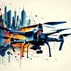 Tech Woodcut Print: Drone With Data Visualization With Large, Colorful