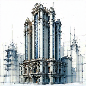 Urban Pencil Sketch: Skyscraper With Ornate Details With Drawing Large