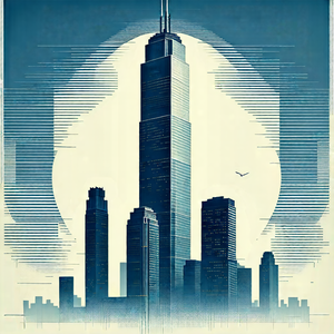 Urban Woodcut Print: Skyscraper With Minimalist Design With Blue White