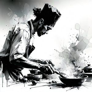 Lifestyle Charcoal Drawing: Professional Enjoying Cooking With Chef Standing