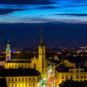 Urban Abstract Design: Cityscape Of Historic City Center During Night With Black White