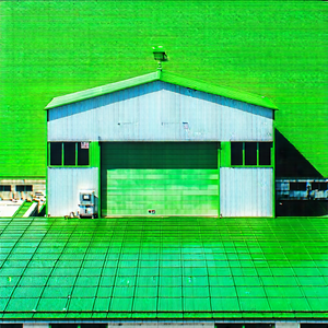 Urban Acrylic Painting: Converted Warehouse With Green Rooftop With Large Building