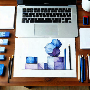 Business Gouache Painting: Workplace With Productivity Tools On Desk With Laptop Computer