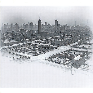 Urban Pencil Sketch: Aerial View Of Urban Renewal Area With Black White