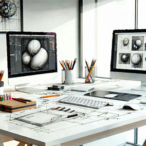 Business Ink Drawing: Workplace With Digital Devices On Desk With White Desk