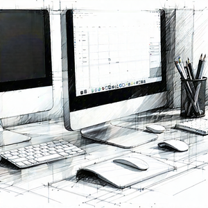 Business Pencil Sketch: Workplace With (digital:1.44) Devices On Desk With Image, There