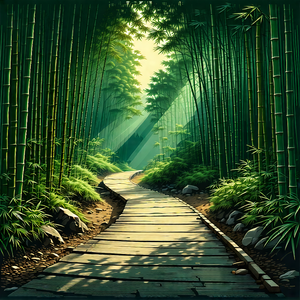 Nature Woodcut Print: Path Through Bamboo Grove With Serene Forest